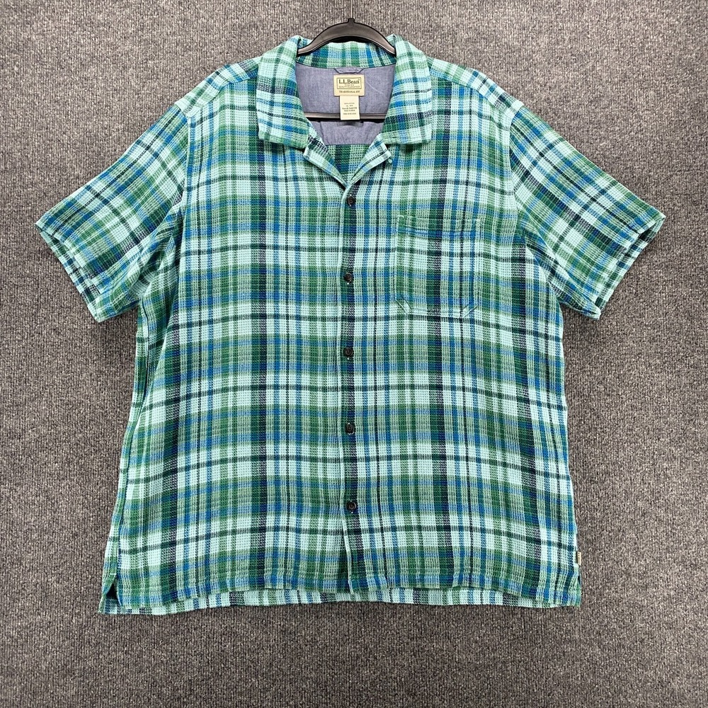 LL Bean Shirt Mens XL Green Plaid Waffle‎ Knit Button Up Short Sleeve Outdoor